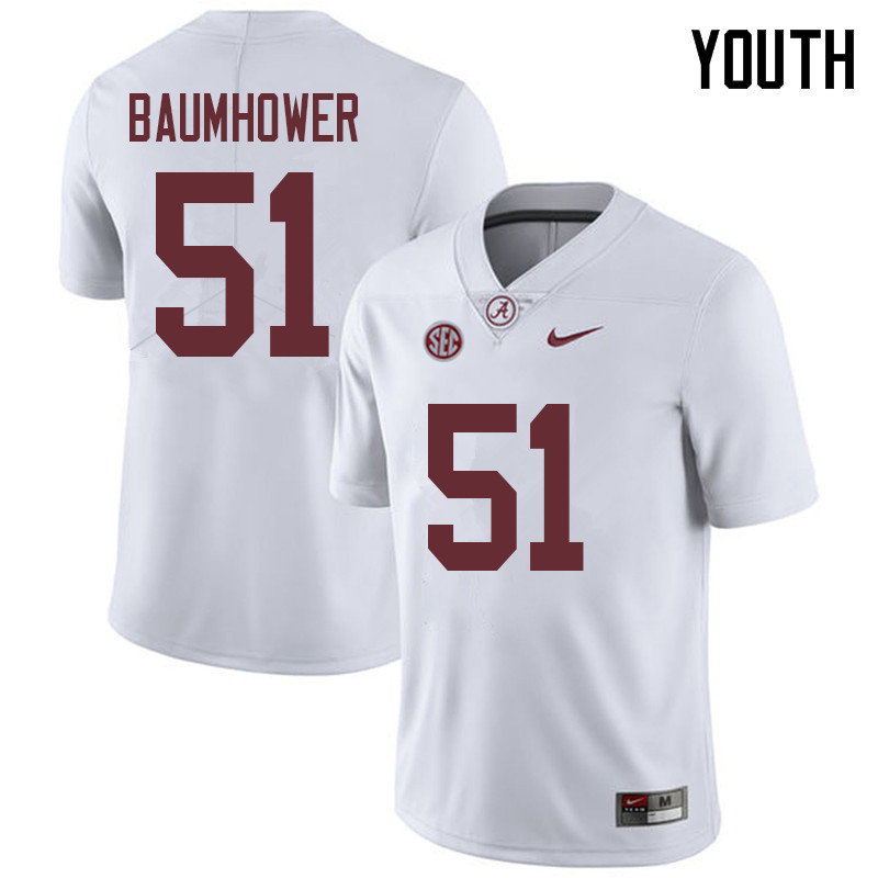 Youth #51 Wes Baumhower Alabama Crimson Tide College Football Jerseys Sale-White